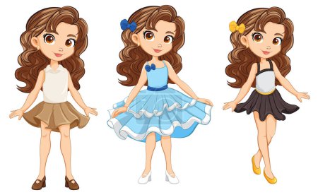 Illustration for Vector illustration of women with different dresses and cartoon characters - Royalty Free Image