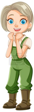 Illustration for A beautiful woman farmer with short hair stands in overalls, smiling - Royalty Free Image