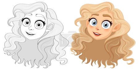 Illustration for Vector cartoon illustration of a stunning woman with flowing blonde hair and a doodle outline for coloring pages - Royalty Free Image