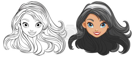 Illustration for A stunning woman with flowing hair in a doodle-style vector illustration - Royalty Free Image