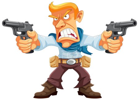 Ilustración de Un vaquero furioso sosteniendo un arma en una ilustración de dibujos animados - Imagen libre de derechos