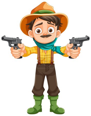 Téléchargez les illustrations : Un personnage vectoriel de dessin animé d'un jeune cow-boy vêtu d'une tenue de paysan tenant une arme - en licence libre de droit