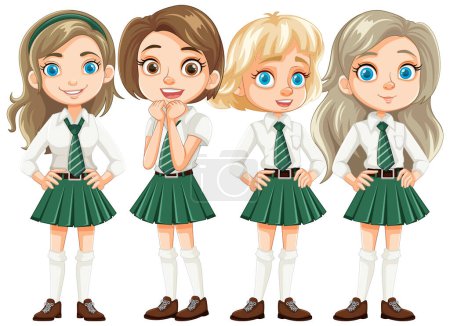 Ilustración de Grupo de amigas en uniforme escolar como personajes de dibujos animados - Imagen libre de derechos