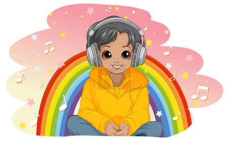Téléchargez les illustrations : Garçon écoutant de la musique avec illustration casque - en licence libre de droit