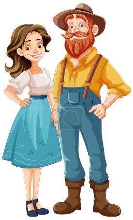 Illustration for A cheerful cartoon illustration of a couple of farmers enjoying life in the countryside - Royalty Free Image