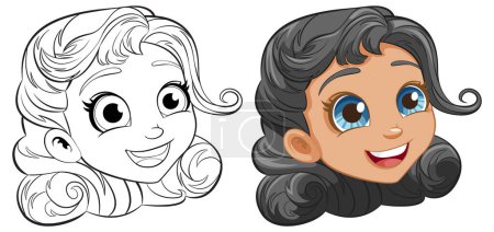 Illustration for A cheerful cartoon girl's head with an outline, perfect for coloring activities - Royalty Free Image