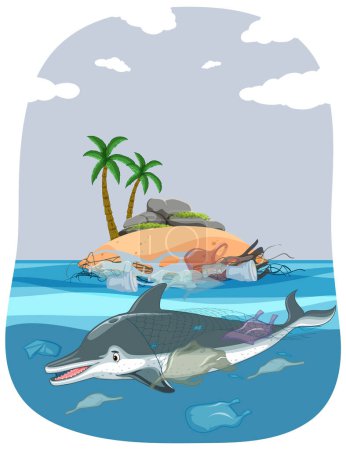 Ilustración de Un delfín navegando por un mar contaminado con residuos plásticos - Imagen libre de derechos