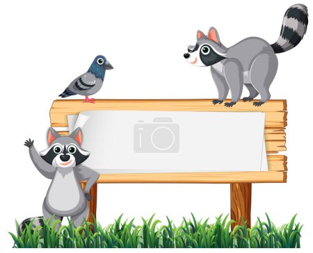 Illustration for Charming cartoon illustration of a raccoon and pigeon interacting near a wooden board frame - Royalty Free Image