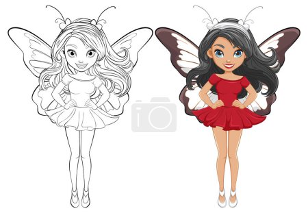 Illustration for A doodle outline of a beautiful woman with long hair, wearing a mini dress and butterfly wings, in a fairy cartoon character style, perfect for coloring pages - Royalty Free Image