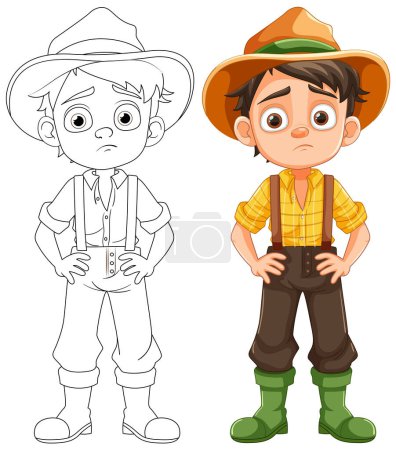 Téléchargez les illustrations : Un garçon ennuyé et triste portant des salopettes de fermier dans une illustration de dessin animé - en licence libre de droit