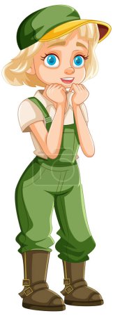Téléchargez les illustrations : Un personnage de dessin animé timide avec des cheveux courts et une casquette, vêtu de salopettes vertes - en licence libre de droit