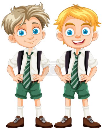 Téléchargez les illustrations : Garçons joyeux en uniforme scolaire jouissant de leur amitié dans une illustration de dessin animé - en licence libre de droit