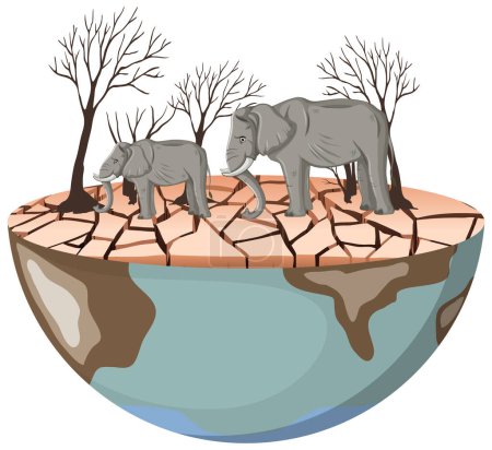 Illustration for Illustration of a melancholic elephant on a dry landscape, symbolizing deforestation - Royalty Free Image