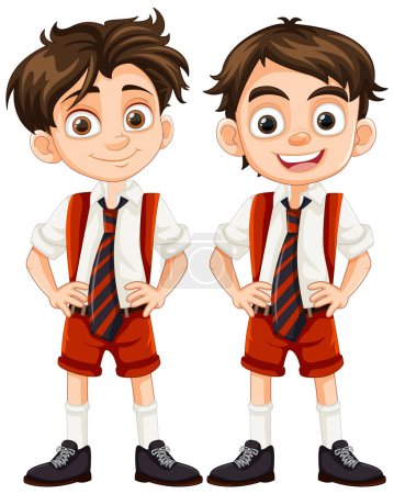 Illustration for Cheerful boys wearing school uniforms enjoy their friendship in a cartoon illustration - Royalty Free Image
