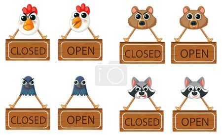 Illustration for A vector cartoon illustration of a sign banner featuring open and closed signs with animal faces - Royalty Free Image