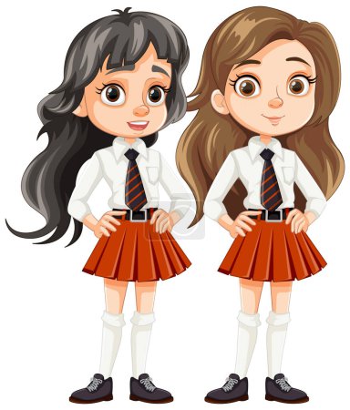 Téléchargez les illustrations : Adorables personnages de dessins animés de deux amies en uniforme scolaire - en licence libre de droit