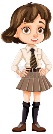 Téléchargez les illustrations : Une adolescente joyeuse portant un uniforme scolaire, debout et souriante - en licence libre de droit