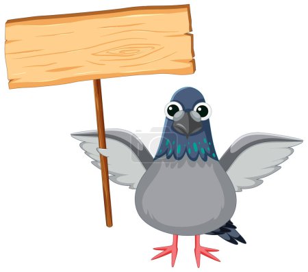 Illustration for Adorable pigeon bird standing with a wooden banner - Royalty Free Image