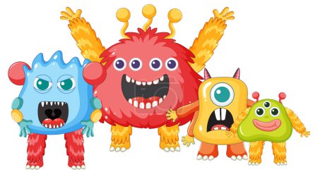 Téléchargez les illustrations : Un groupe de monstres extraterrestres adorables en différentes couleurs - en licence libre de droit