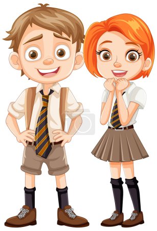 Illustration for Vector illustration of two students, a boy and a girl, in school uniforms - Royalty Free Image
