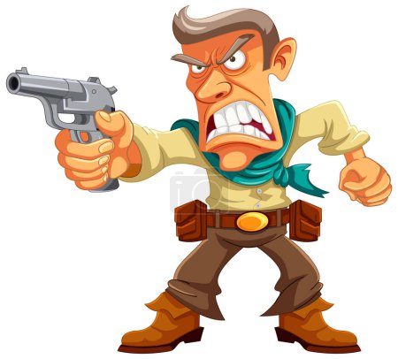 Téléchargez les illustrations : Un cow-boy furieux tenant une arme dans une illustration vectorielle de dessin animé - en licence libre de droit