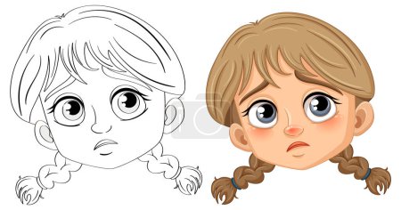 Téléchargez les illustrations : Illustration vectorielle d'une fille triste avec des tresses, parfaite pour les pages à colorier - en licence libre de droit