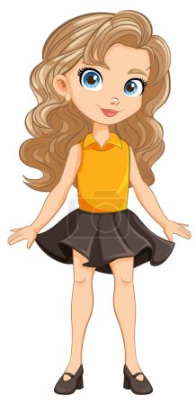 Téléchargez les illustrations : Un personnage de fille de dessin animé joyeux portant une mini-jupe - en licence libre de droit