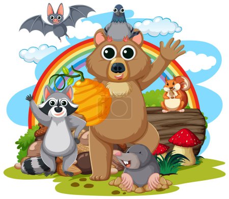 Ilustración de Animales de dibujos animados sosteniendo miel, bellota y agitando las manos bajo un arco iris - Imagen libre de derechos