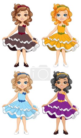 Illustration for A set of girl cartoon characters dressed as princesses for a fantasy party - Royalty Free Image