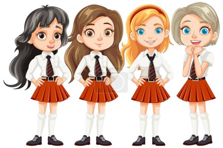 Ilustración de Grupo de amigas con uniforme escolar, ilustrado en estilo de dibujos animados - Imagen libre de derechos