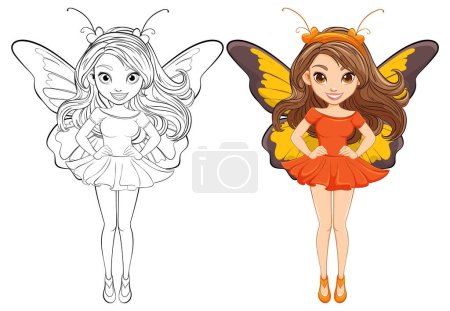 Illustration for A doodle outline of a beautiful woman with long hair, wearing a mini dress and butterfly wings, in a fairy cartoon style, perfect for coloring pages - Royalty Free Image