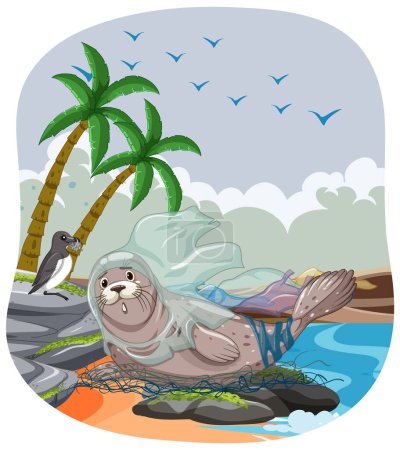 Téléchargez les illustrations : Image troublante d'un phoque recouvert de pollution plastique sur une plage - en licence libre de droit