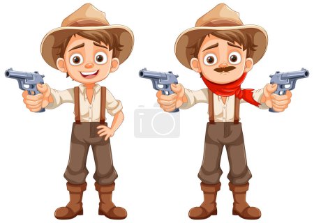 Téléchargez les illustrations : Un personnage vectoriel de dessin animé d'un jeune cow-boy portant des vêtements de paysan et tenant une arme - en licence libre de droit