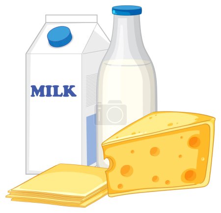 Illustration of a group of dairy products including cheese, butter, and milk