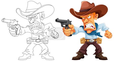 Ilustración de Ilustración vectorial de un vaquero enojado sosteniendo un arma, usando un sombrero, y listo para la acción - Imagen libre de derechos