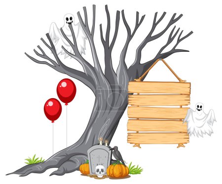 Ilustración de Una ilustración de dibujos animados vectoriales de un espeluznante letrero de cementerio para Halloween - Imagen libre de derechos