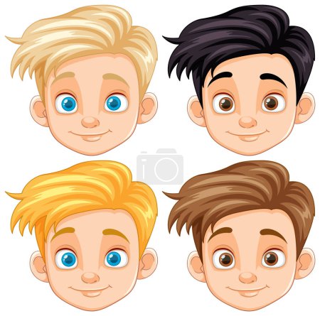 Ilustración de Colección de cabezas de niño de dibujos animados que muestran varios colores de pelo y ojos - Imagen libre de derechos