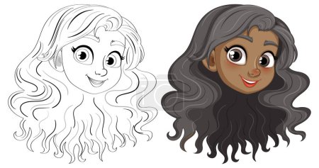 Téléchargez les illustrations : Un contour doodle d'une belle fille aux cheveux longs noirs, souriant - en licence libre de droit