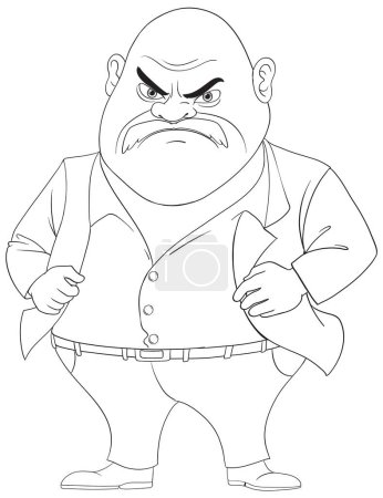 Illustration for Isolated outline cartoon of a grumpy middle-aged mafia man with a mustache and bald head - Royalty Free Image