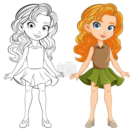 Illustration for A cheerful cartoon character of a beautiful woman in a mini skirt - Royalty Free Image
