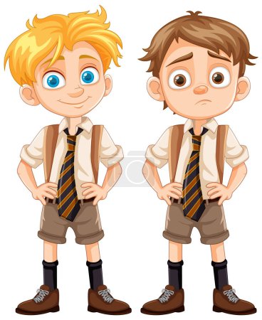 Illustration for A group of boys, some happy and some sad, depicted as cartoon characters wearing school uniforms - Royalty Free Image