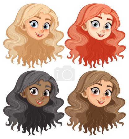 Illustration for A set of vector cartoon illustrations featuring beautiful girls with long hair, all smiling - Royalty Free Image