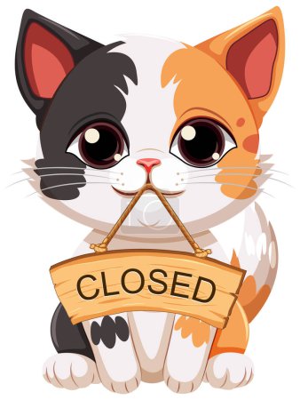 Ilustración de Lindo gato usando su boca para sostener una pancarta cerrada de madera - Imagen libre de derechos