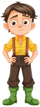 Téléchargez les illustrations : Illustration vectorielle d'un garçon ennuyé et triste portant une salopette d'agriculteur - en licence libre de droit