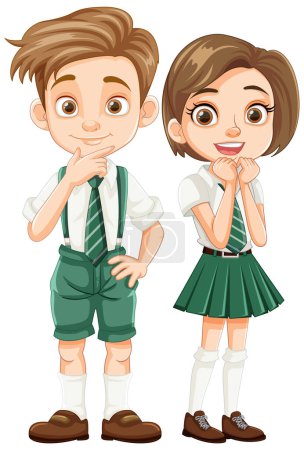 Ilustración de Ilustración de un niño y una niña estudiante con uniformes escolares en un estilo de dibujos animados - Imagen libre de derechos