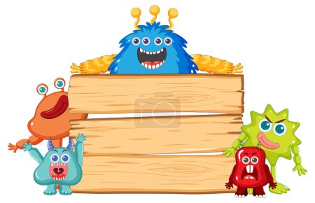 Illustration for Adorable cartoon monsters posing with wooden frame board template - Royalty Free Image