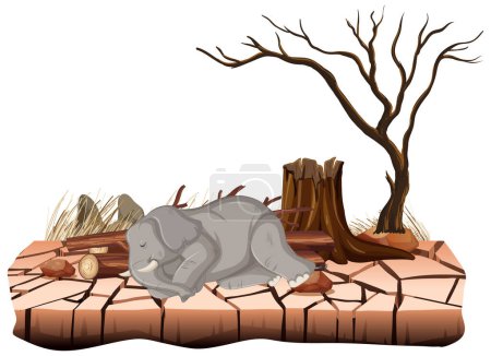 Illustration for Cartoon illustration depicting a dead elephant in a barren landscape due to deforestation - Royalty Free Image