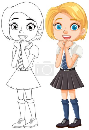Illustration for Smiling blonde girl student in school uniform for coloring pages - Royalty Free Image