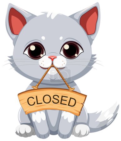 Téléchargez les illustrations : Adorable chat dessin animé tenant une bannière en bois fermée dans sa bouche - en licence libre de droit