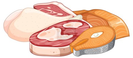 Téléchargez les illustrations : Illustration colorée de style dessin animé avec divers produits à base de viande protéinée - en licence libre de droit